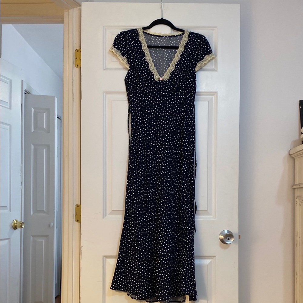 Elegant Navy Polka Dot Dress with Lace Trim